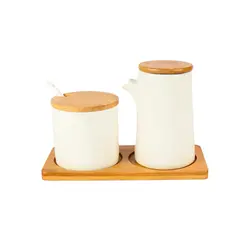 Conjunto 2 Potes Tempero De Ceramica C/Tampa De Bambu 7cm - Ponto da Porcelana