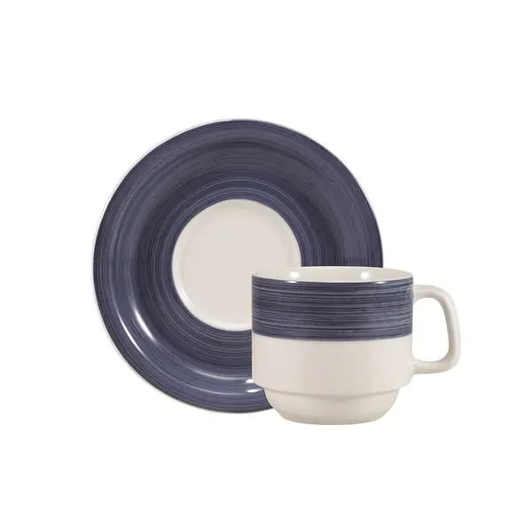 Xícara Chá com Pires 200 ml Porcelana Schmidt - Dec. Cilídrica Pintura à  Mão Azul