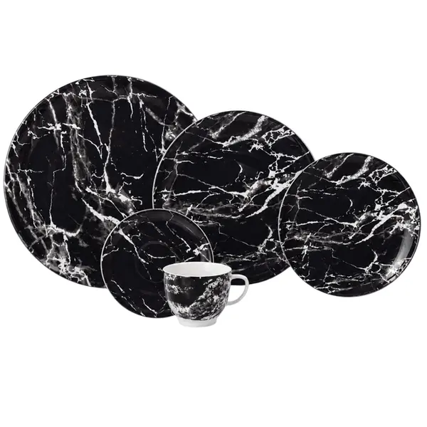 Aparelho Jantar e Chá 20 Peças Porcelana Schmidt - Dec. Ônix Negro 2394