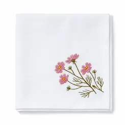 1342 GBB 248 GUARDANAPO BORDADO FLOR COSMOS ROSA TECIDO BRANCO