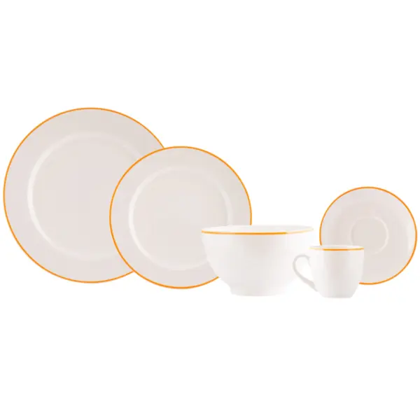 Aparelho Jantar e Chá com Bowl 30 Peças Porcelana Schmidt - Dec. Filete Laranja R005