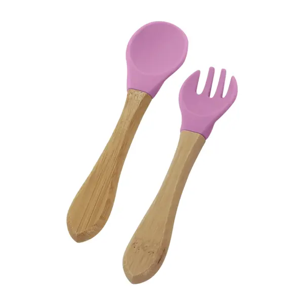 Dupla de Talheres de Madeira com Silicone Rosa