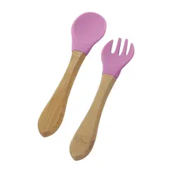 Dupla de Talheres de Madeira com Silicone Rosa