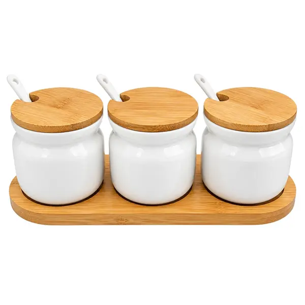 Conjunto com 3 Porta Tempero de Cerâmica com Tampa e Base de Bambu