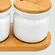 Conjunto com 3 Porta Tempero de Cerâmica com Tampa e Base de Bambu