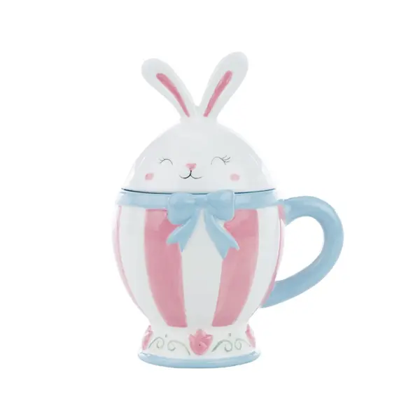 Caneca Decorativa Coelho com Tampa e Laço Azul