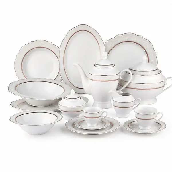 Aparelho de Jantar, Chá e Café 50 Peças em Porcelana Branca com Filete Dourado