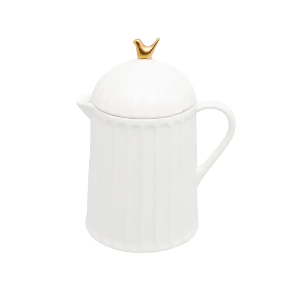 Bule em Cerâmica Branco Detalhado em Dourado