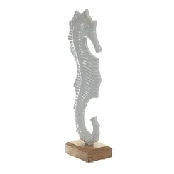 Escultura Decorativa Cavalo-Marinho em Metal Branco com Base em Madeira