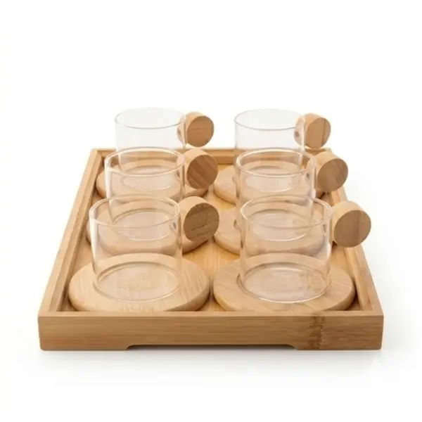 Conjunto 6 Xícaras Café de Vidro com Pires e Base de Bambu