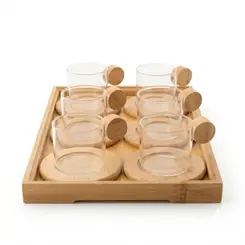 Conjunto 6 Xícaras Café de Vidro com Pires e Base de Bambu