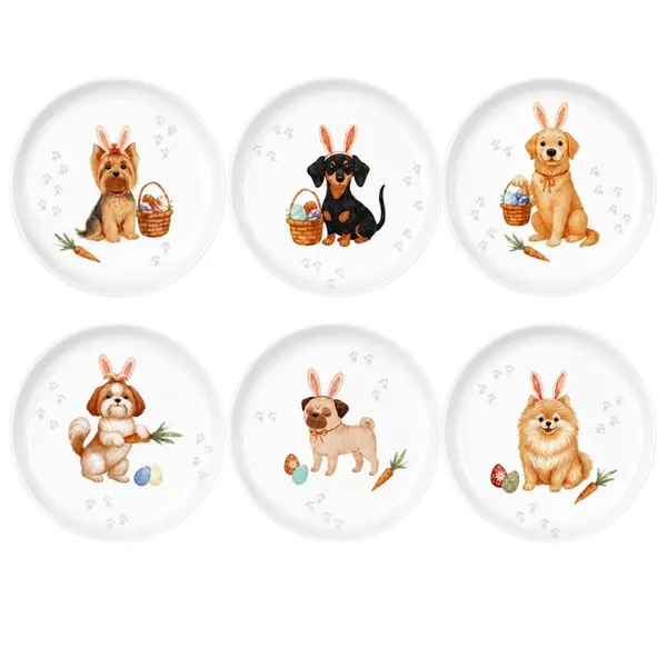 Conjunto com 6 Pratos Sobremesa de Cerâmica Doguinhos