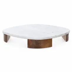 Bandeja Decorativa Quadrada Mármore e Base de Madeira