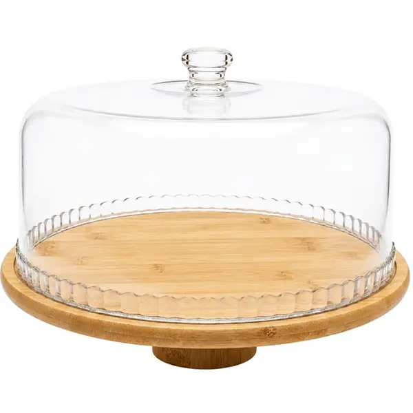 Prato Para Bolo com Base de Bambu e Cúpula de Acrílico
