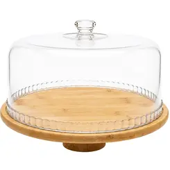 Prato Para Bolo com Base de Bambu e Cúpula de Acrílico