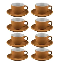 Conjunto com 8 Xícaras Chá com Pires de Cerâmica Caramelo
