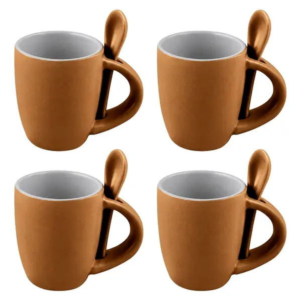 Conjunto 4 Canecas de Cerâmica com Colher Ereditá Caramelo