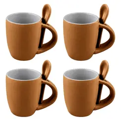 Conjunto 4 Canecas de Cerâmica com Colher Ereditá Caramelo