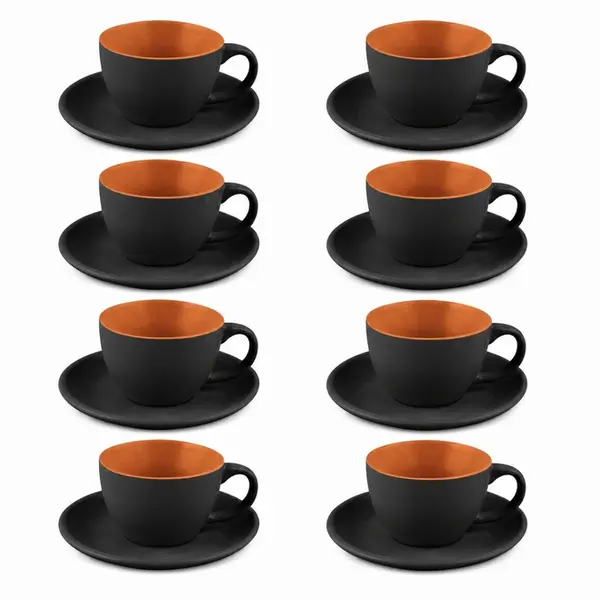 Conjunto com 8 Xícaras Chá com Pires de Cerâmica Preto