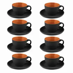 Conjunto com 8 Xícaras Chá com Pires de Cerâmica Preto