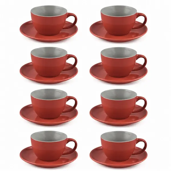 Conjunto com 8 Xícaras Chá com Pires de Cerâmica Vermelho