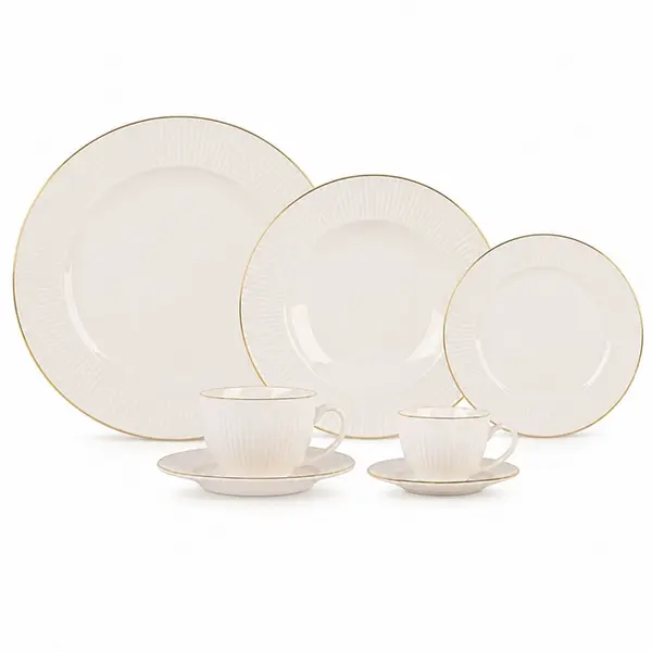 Aparelho de Jantar Chá Café 42 Peças de Cerâmica New Bone Filetado a Ouro