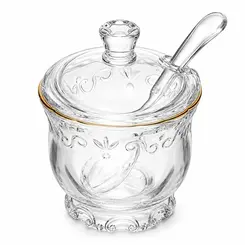 Açucareiro de Cristal de Chumbo Filetado Dourado com Colher