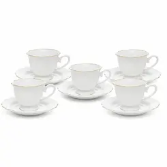 Conjunto com 6 Xícaras Café de Porcelana com Pires Filetada Ouro Maldivas