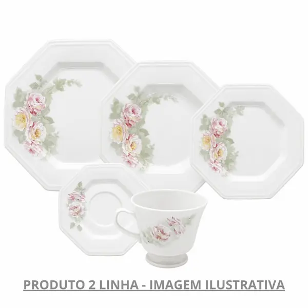 Aparelho Jantar e Chá 30 Peças Porcelana Schmidt - Dec. E005 Romântica Prisma 2ª Linha