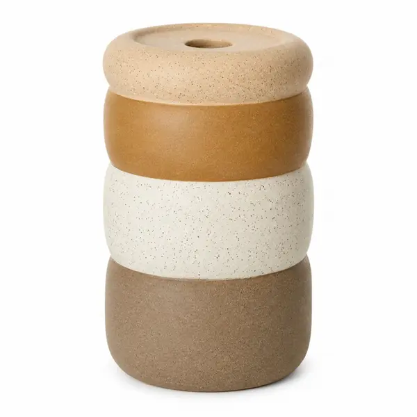 Porta Velas de Cerâmica Médio Texturizado Bege e Marrom