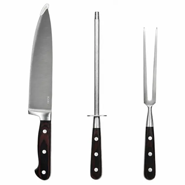 Conjunto com 3 Peças Para Churrasco de Aço Inox e Cabo de Madeira Premium