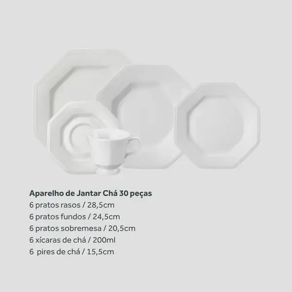 Aparelho Jantar e Chá 30 Peças Porcelana Schmidt - Mod. Prisma 077